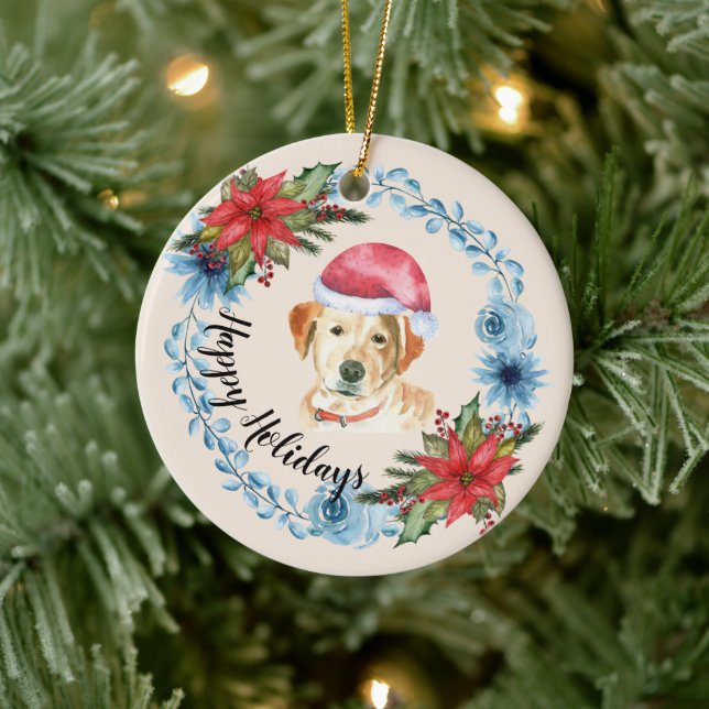 Santa Cap Yellow Lab Customizable Holiday Ceramic Ornament (Tree)