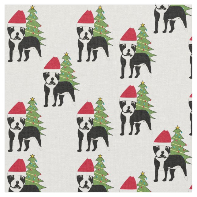 Santa Cartoon Boston Terrier Fabric (Close Up)