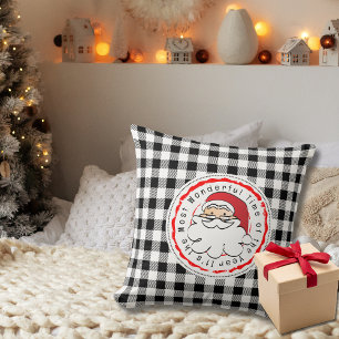 Santa Cartoon Buffalo Plaid Country Black White Throw Pillow