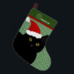 Santa Cat Black With Yellow Eyes Personalized Large Christmas Stocking<br><div class="desc">Create a personalized stocking for your fur baby. This design consists of a short hair black cat with yellow eyes wearing a cute Santa hat in Christmas colours. Customize the background and text style to your needs.  Original design by Night Owl's Menagerie,  2017.</div>