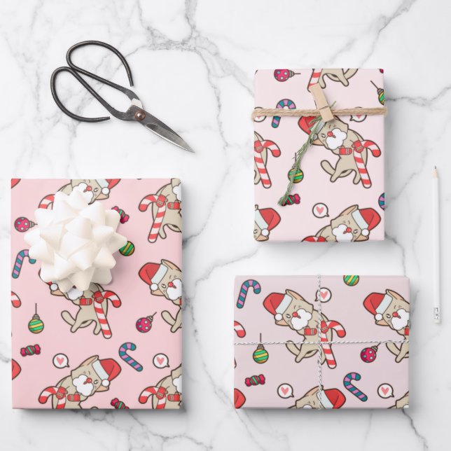 Santa Cat Christmas Pink Pattern Wrapping Paper Sheet (Front)