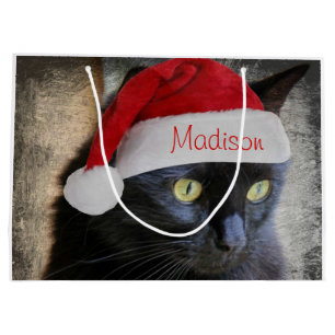 Santa Cat Gift Bag, Customize w/ Name on Cap Large Gift Bag