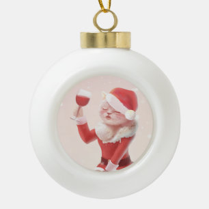 Santa Cat Holding Glass Red Wine Ceramic Ball Christmas Ornament