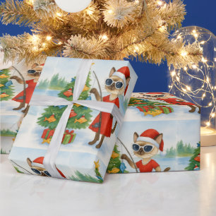 Santa Cat in Fishing at Christmas Tree Wrapping Paper