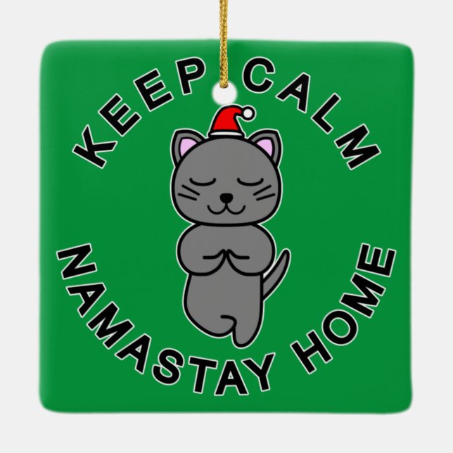 SANTA CAT - KEEP CALM NAMASTAY HOME 1 CERAMIC ORNAMENT (Back)