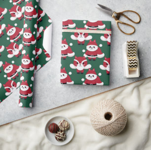 Santa Cat Merry Christmas Raccoon Pattern Wrapping Paper