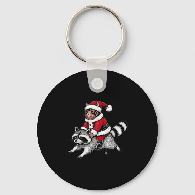 Santa Cat Riding A Raccoon Christmas Men Women Kid Keychain (Front)