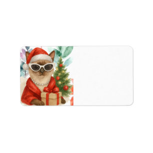 Santa Cat wear Sunglasses holds Christmas gift Label