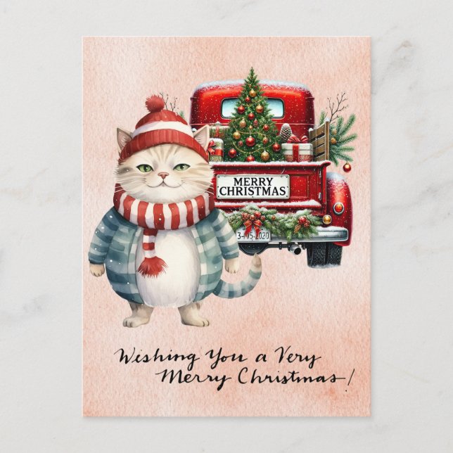 Santa Cat  with Christmas Tree for Cat Lovers Holiday Postcard (Front)