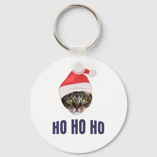 Santa Cat with Santa hat, Ho Ho ho Invitation Squa Keychain (Front)