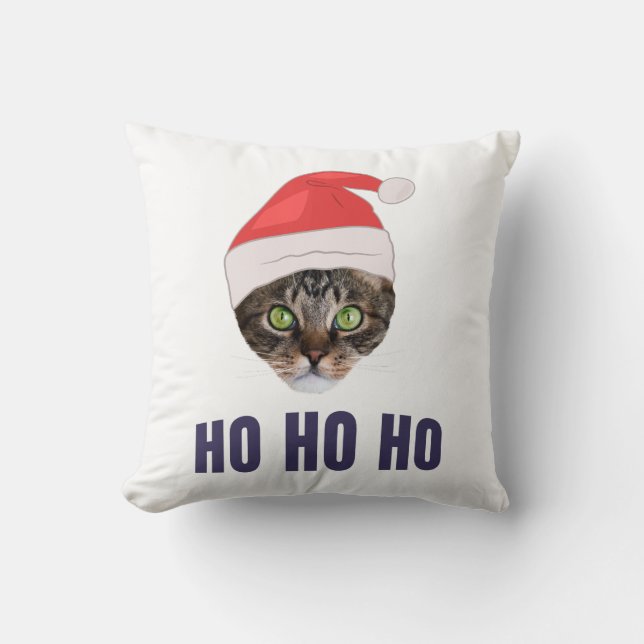 Santa Cat with Santa hat, Ho Ho ho Invitation Squa Throw Pillow (Front)