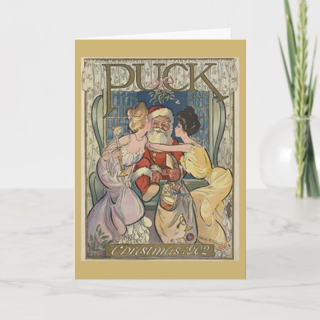 Santa Caught Under the Mistletoe. Holiday Card (Front)