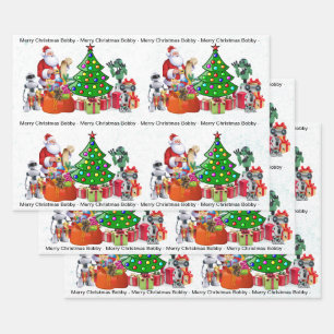 Santa Checking for ROBOTS add Child's Name 3 Wrapping Paper Sheet