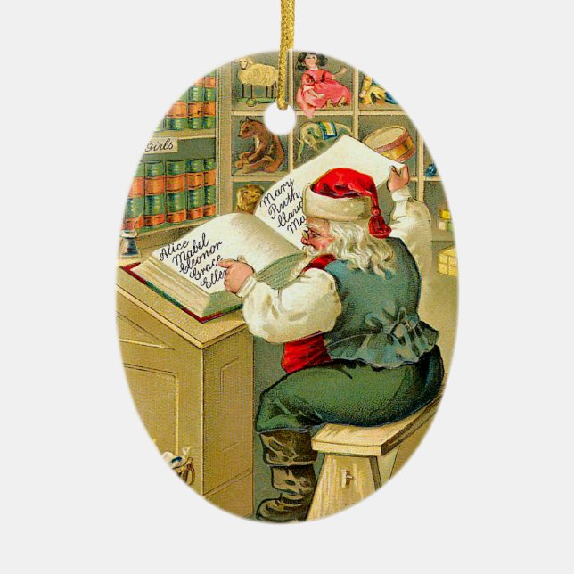 Santa Checking His List Ceramic Ornament (Front)