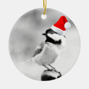santa chickadee ceramic ornament