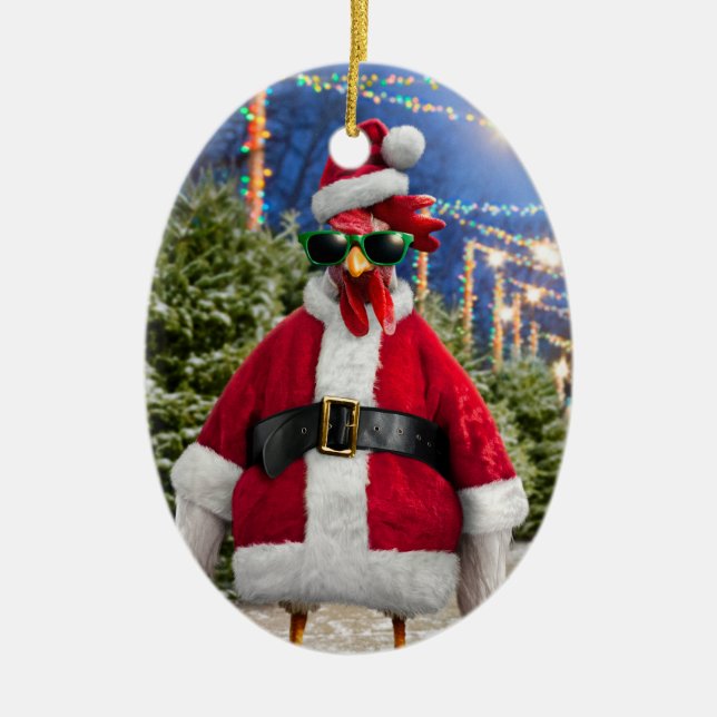 Santa Chicken Ceramic Ornament (Front)
