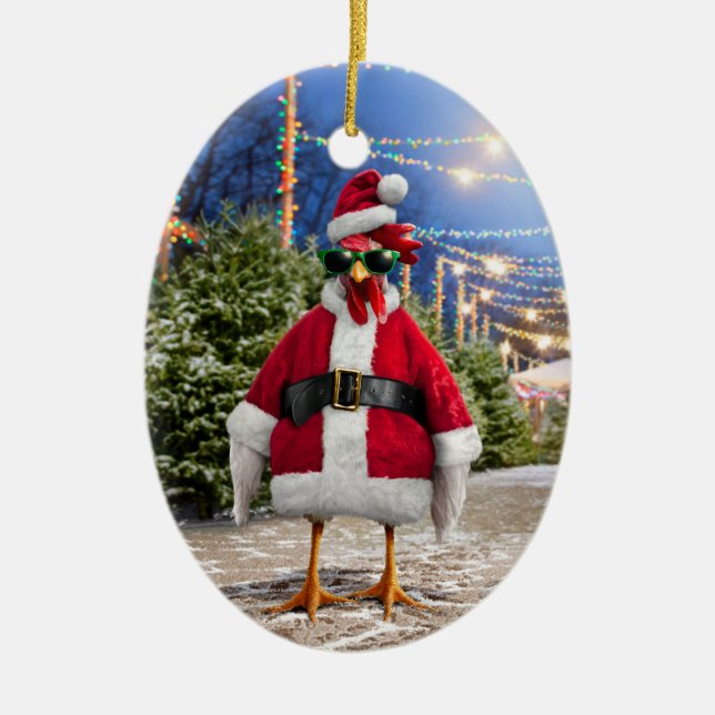 Santa Chicken Ceramic Ornament (Front)
