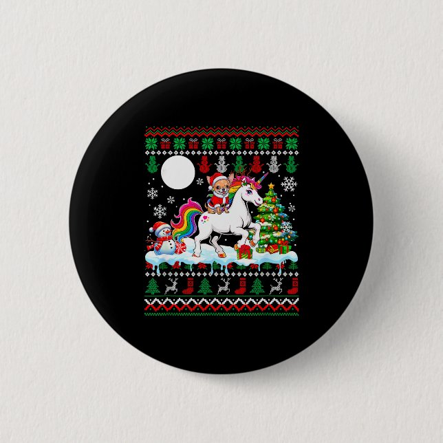 Santa Chihuahua Riding Unicorn Sweater Christmas O 2 Inch Round Button (Front)