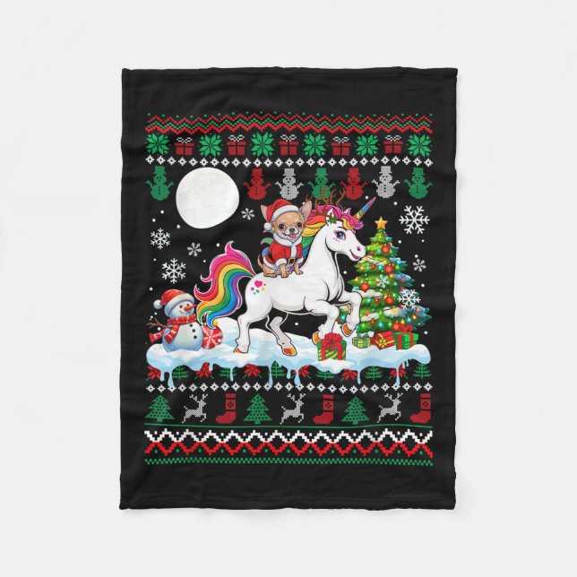 Santa Chihuahua Riding Unicorn Sweater Christmas O Fleece Blanket (Front)