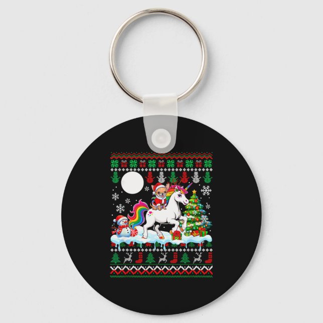 Santa Chihuahua Riding Unicorn Sweater Christmas O Keychain (Front)