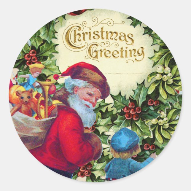 SANTA,CHILD,CHRISTMAS CROWN,HOLLYBERRY,MISTLETOES CLASSIC ROUND STICKER (Front)