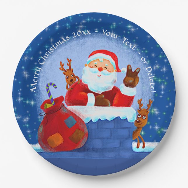 Santa Chimney Reindeer Sack Add Year Text Blue 9"  Paper Plate (Front)