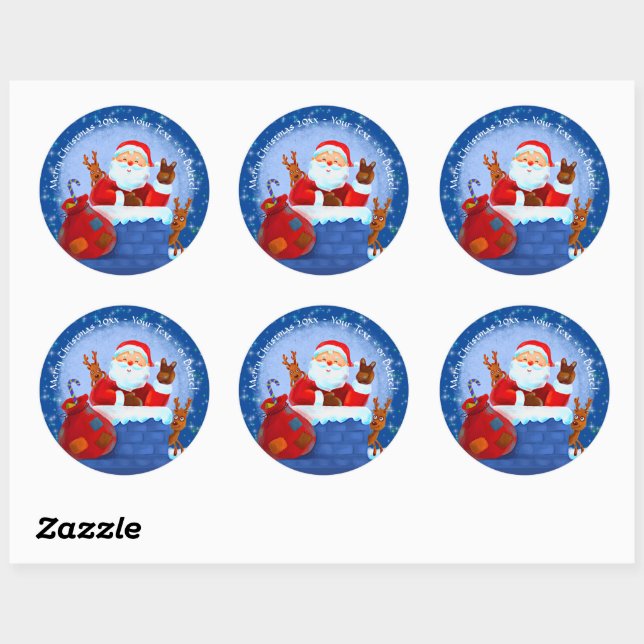 Santa Chimney Reindeer Sack Add Year Text Blue  Classic Round Sticker (Sheet)
