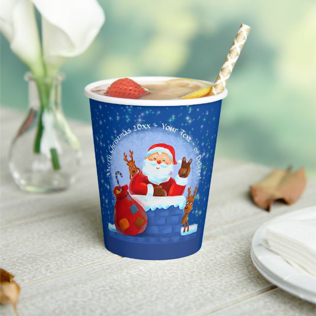 Santa Chimney Reindeer Sack Add Year Text Blue Paper Cups (Insitu)