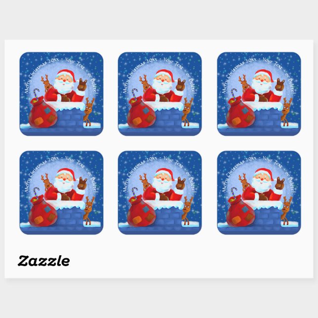 Santa Chimney Reindeer Sack Add Year Text Blue Square Sticker (Sheet)