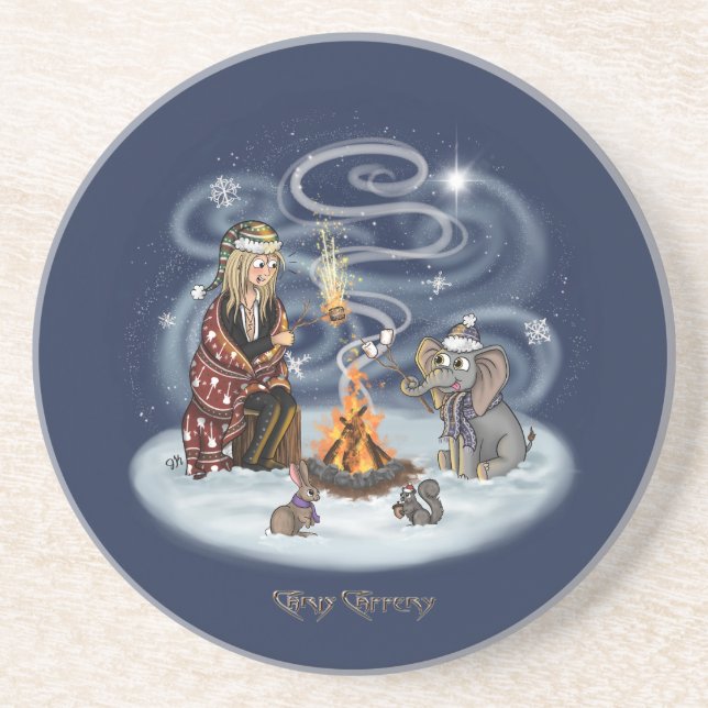 Santa Chris & Wilbur Fireside Sandstone Coaster (Front)