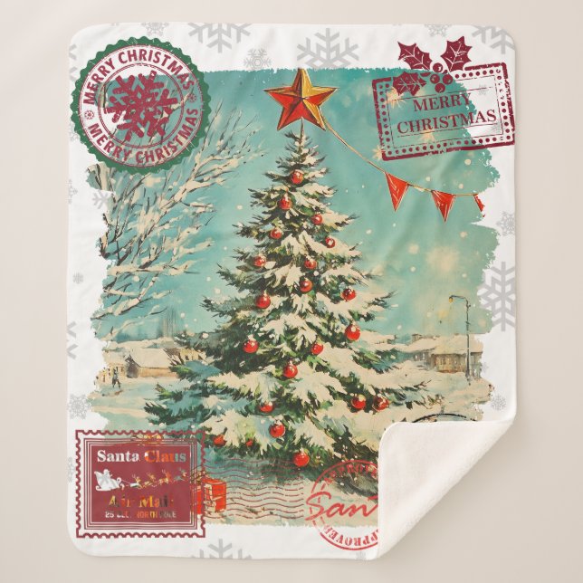Santa Christmas Airmail Vintage Christmas Tree  Sherpa Blanket (Front)