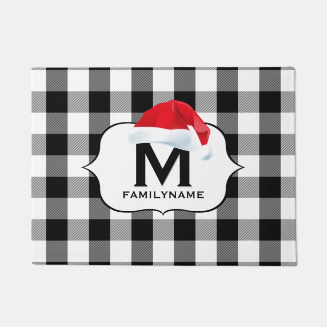 Santa Christmas Black White Buffalo Check Monogram Doormat (Front)