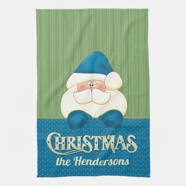 Santa Christmas Blue and Green Cook's Kitchen Towel (Vertical)