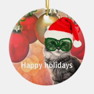 Santa Christmas Cat Ceramic Ornament