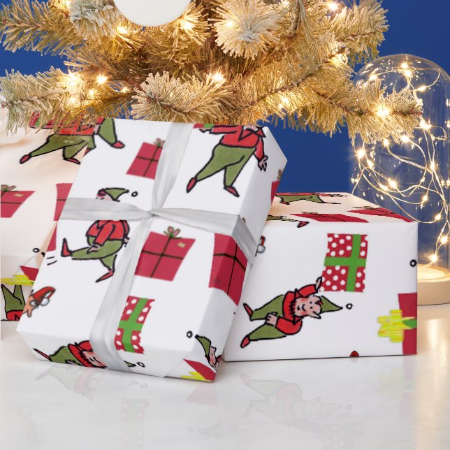 Santa Christmas Elves white glossy wrapping paper (Holidays)