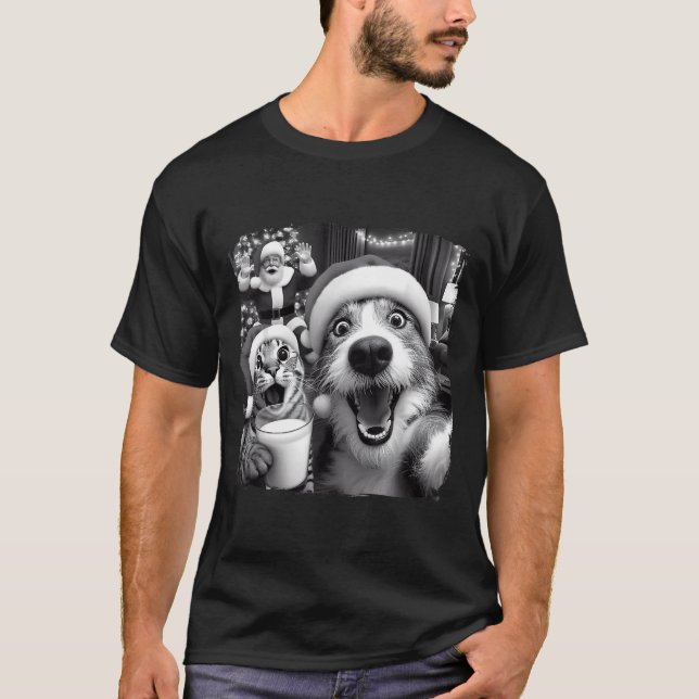 Santa Christmas Funny Cat Taking Selfie Racoon Xma T-Shirt (Front)