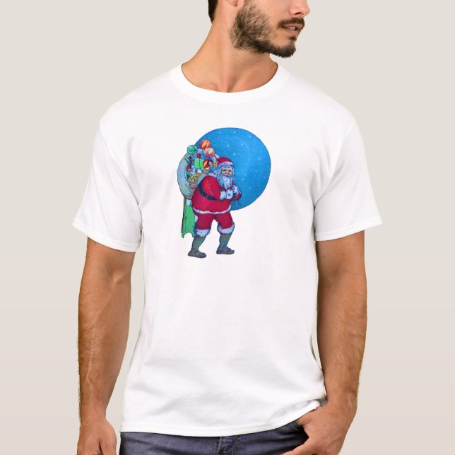 SANTA,CHRISTMAS GIFT SACK AND TOYS IN STARRY SKY   T-Shirt (Front)
