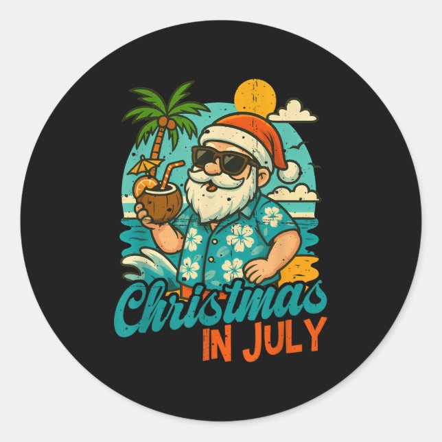 Santa Christmas In July Palm Tree Xmas Summer Beac Classic Round Sticker (Front)