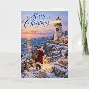 Santa Christmas Lighthouse Snowy Coastal Sunset Card