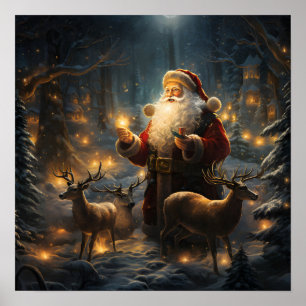Santa Christmas Night Snowy Forest Poster
