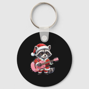 Santa Christmas Raccoon Playing Nk Guitar  Keychain