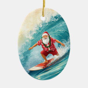 Santa Christmas Surfer Surfing on Big Wave Ceramic Ornament