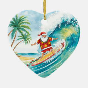 Santa Christmas Surfer Surfing on Big Wave Ceramic Ornament