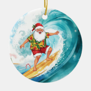 Santa Christmas Surfer Surfing on Big Wave Ceramic Ornament