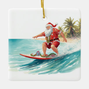 Santa Christmas Surfer Surfing on Big Wave Ceramic Ornament