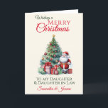 Santa Christmas Tree Daughter And Daughter In Law  Holiday Card<br><div class="desc">A beautiful festive Santa Christmas card for your daughter and daughter in law comprising of Santa Claus standing next to a beautiful decorated Christmas tree with baubles and tinsel surrounded at the bottom by wrapped boxed gifts. All text can be customized , then personalize with names and inside message ....</div>