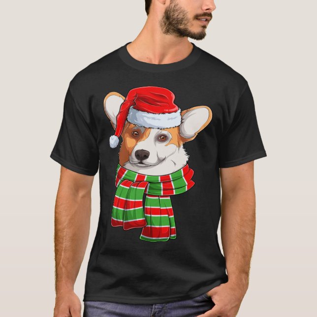 Santa Christmas Tree Lights Xmas Scarf Corgi T-Shirt (Front)