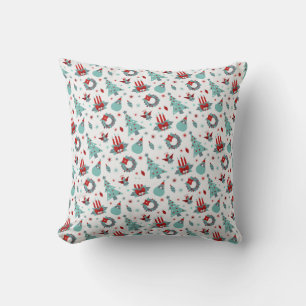 Santa Christmas Tree Snowflake Pattern Red Throw Pillow