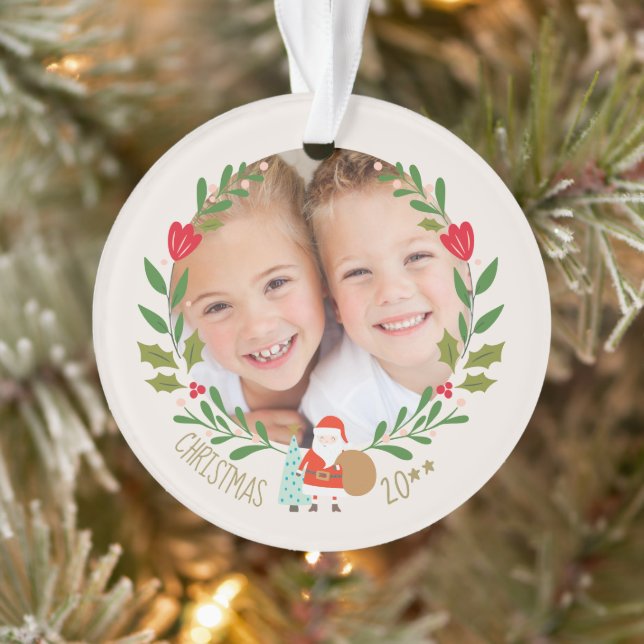 Santa Christmas Wreath Photo Ornament (Tree)
