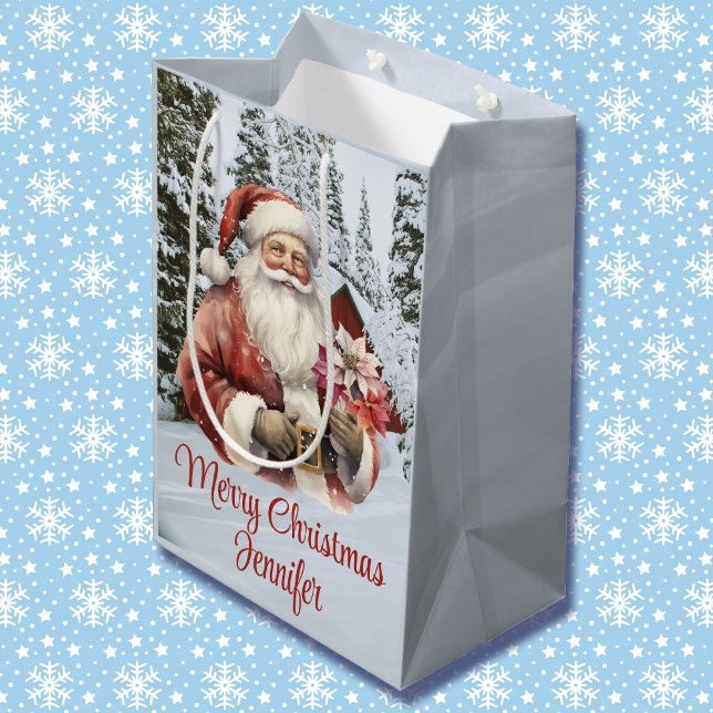 Santa Claus Add Name Winter Snow Christmas Scene Medium Gift Bag (Creator Uploaded)